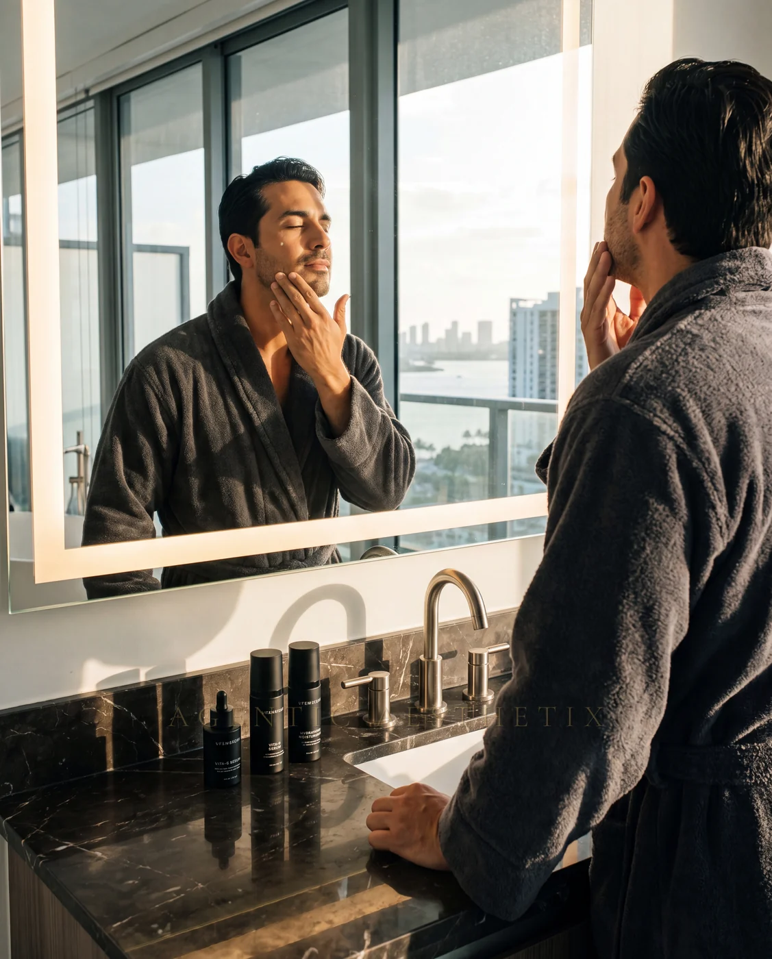 Hispanic male luxury skincare routine in Miami high-rise penthouse bathroom, dark marble, Biscayne Bay skyline, morning golden hour
