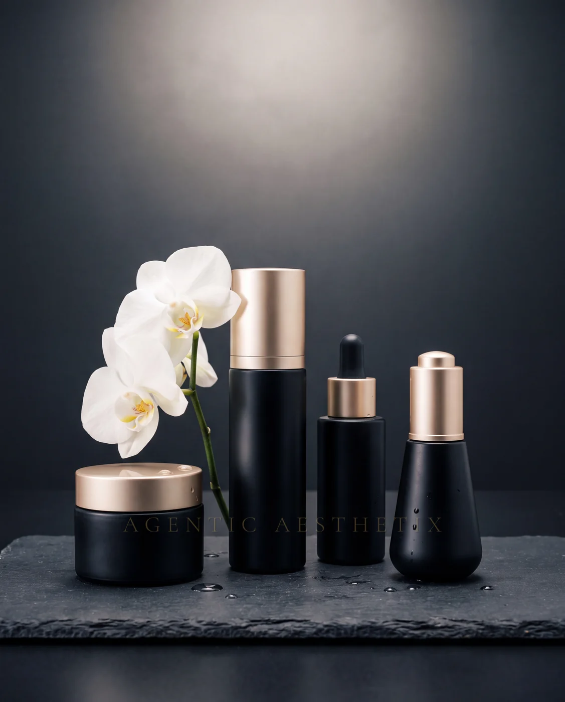 Celebrity luxury skincare product line, matched matte black bottles with champagne gold caps, white orchid, dark editorial fashion photography