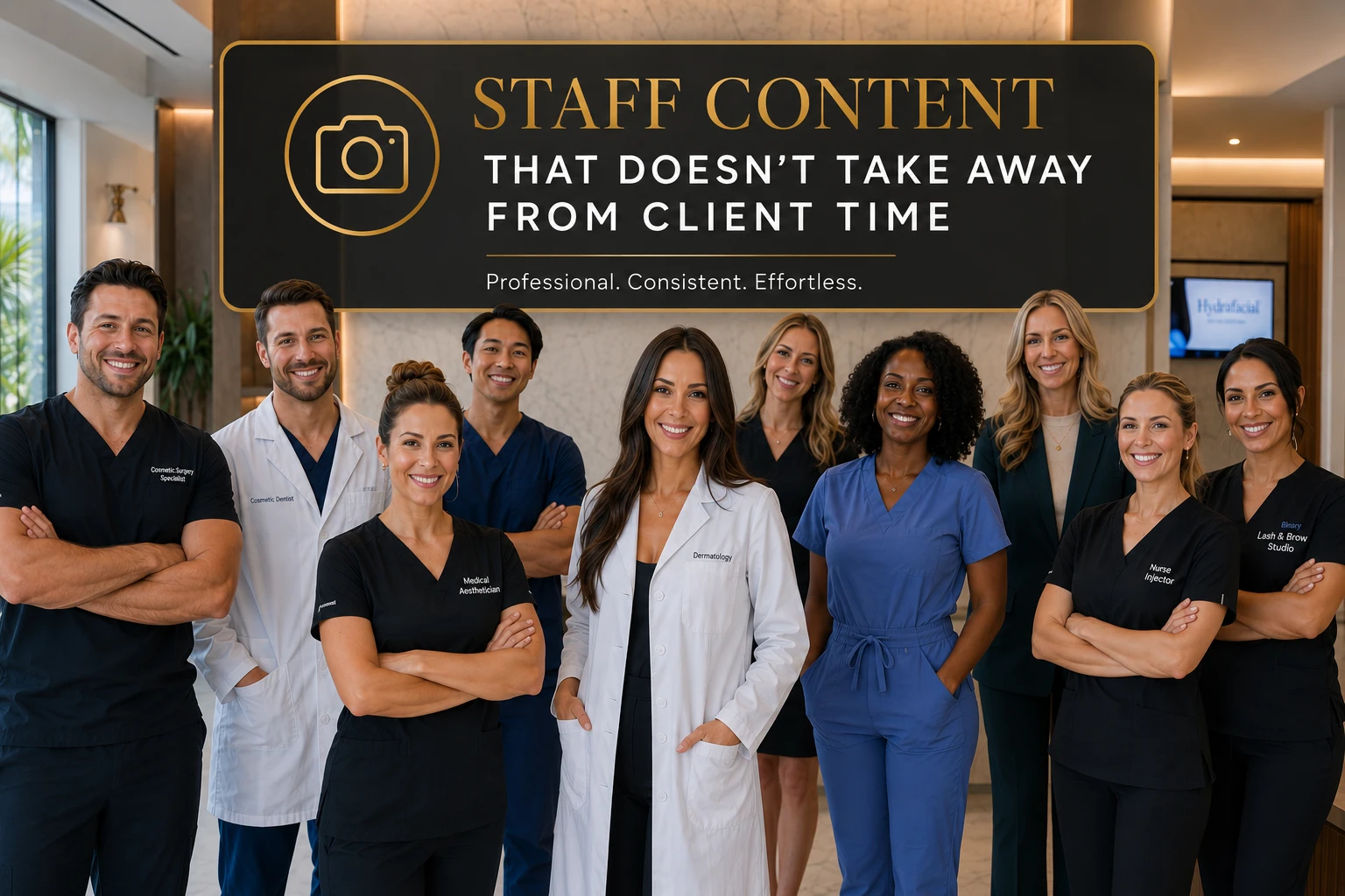 Ten aesthetic practice team members, cosmetic surgeon, dermatologist, nurse injector, medical aesthetician, lash and brow specialist, staff content marketing graphic