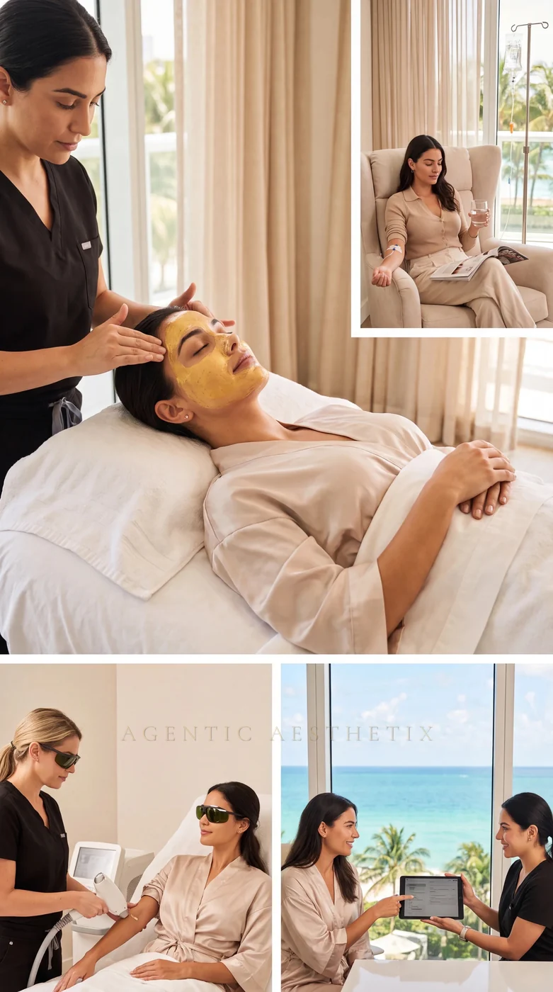 Luxury medspa collage, facial treatment, IV therapy, laser, and Miami ocean view consultation