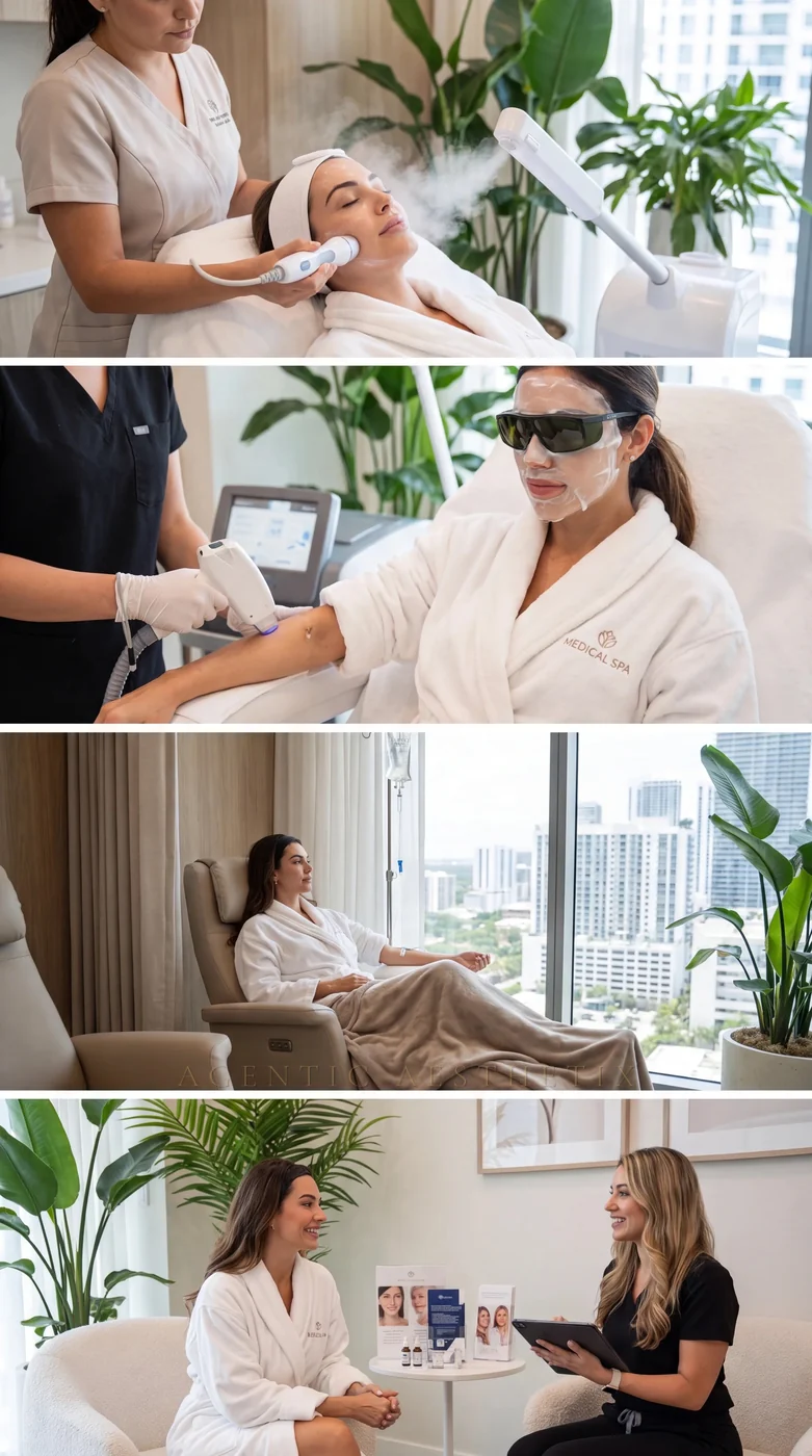 Miami aesthetic clinic collage, steam facial, laser treatment, IV drip lounge, skincare consultation with Brickell skyline